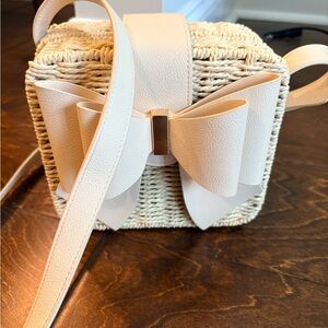 Woven Crossbody Bag with Decorative Bow - Cream